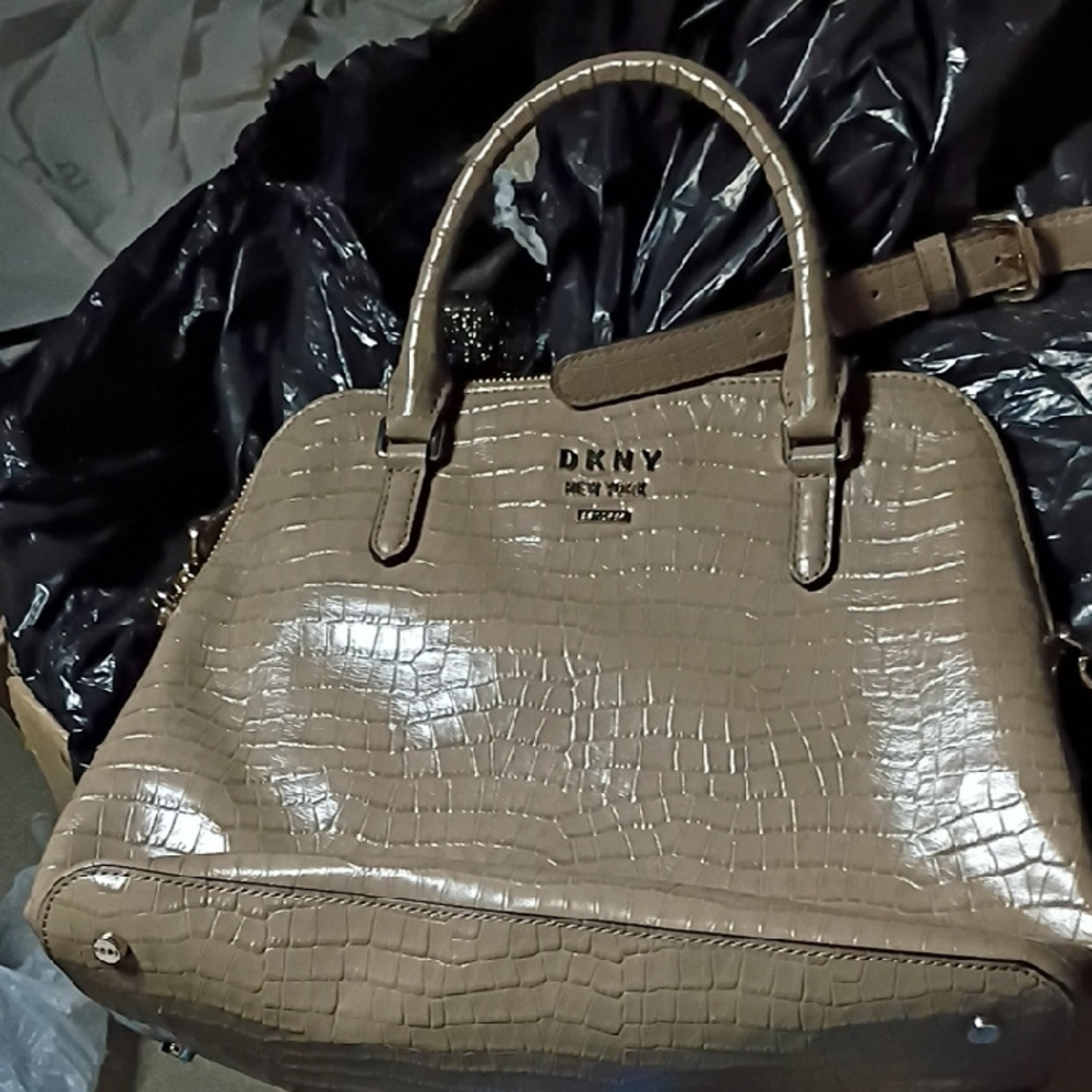 DKNY Tan Croc-Embossed Satchel Bag